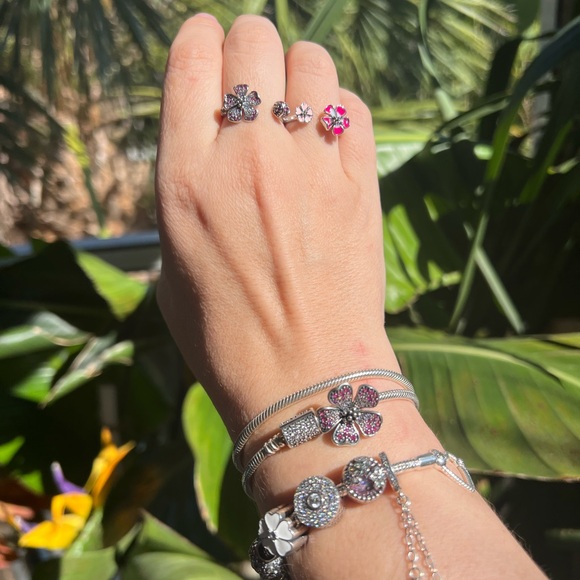 Peach Blossom Flowers Silver Double Ring - Size 8/9.5 - Picture 4 of 14